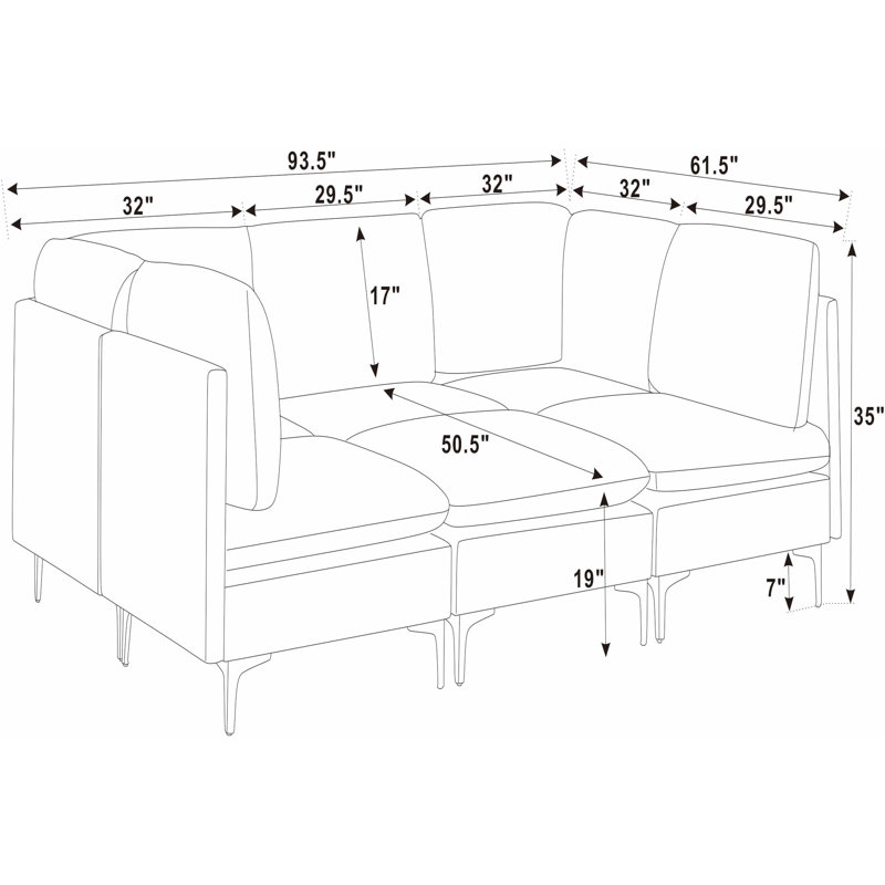 Canapé modulaire en lin avec configuration personnalisée, Lin bleu foncé, H 35 po x l 93,5 po x P 91 po, Symétrique