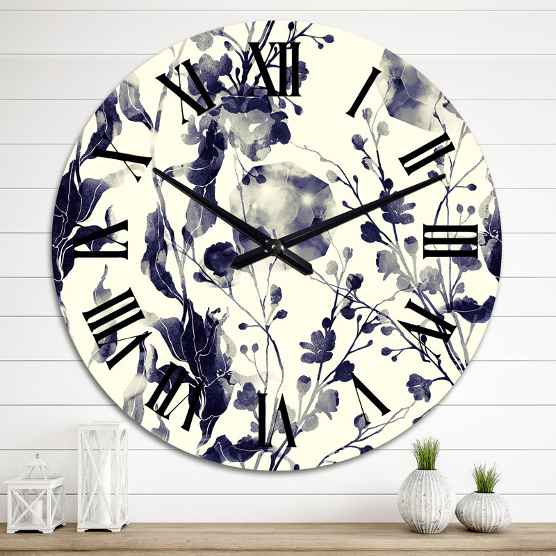 Horloge murale à motif minimaliste de fleurs et de feuilles abstraites sur fond jaune, Surdimensionné