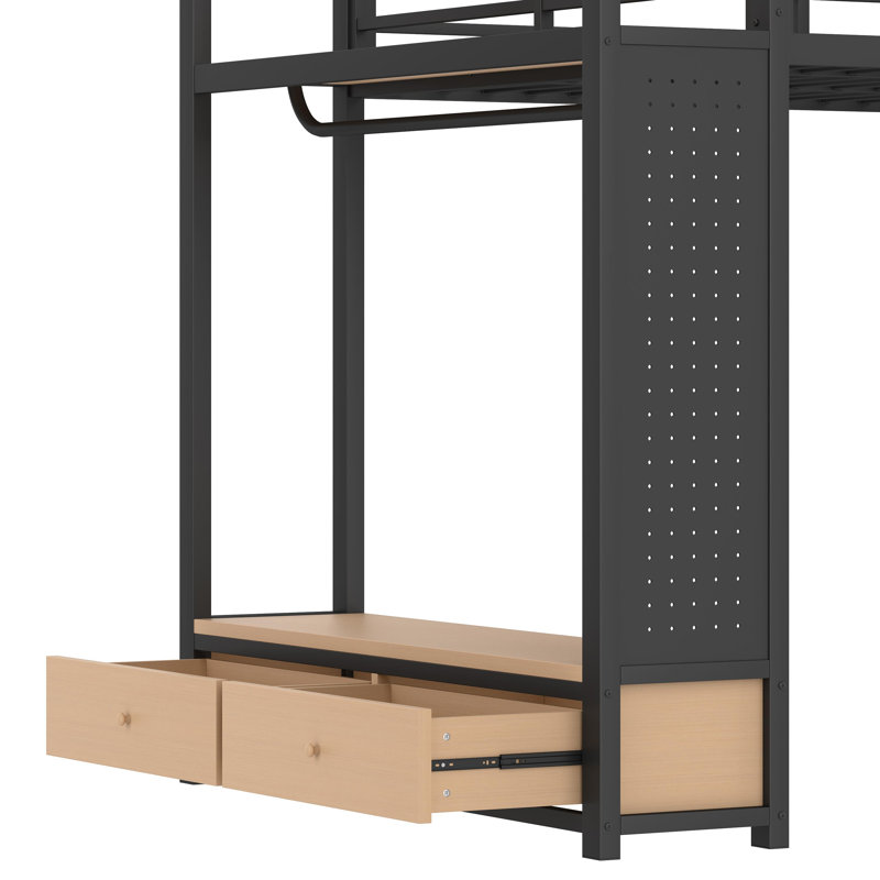 Black Metal Queen Size Loft Bed With Pegboard And Shelves, Queen