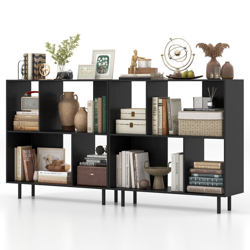 2PCS 4 Cubby Open Bookcase 3-Tier Freestanding Bookshelf w/ Detachable Metal Legs, Black