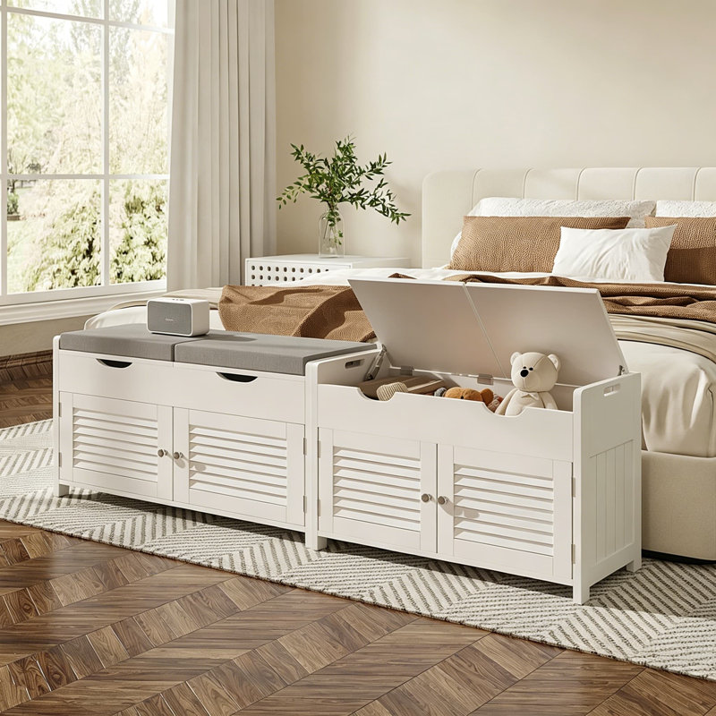 Banc de rangement pour chaussures avec rangement surélevé, banc d'entrée avec 2 sièges rembourrés, 3 compartiments et tablette réglable, armoire à chaussures pour entrée, chambre à coucher, salon