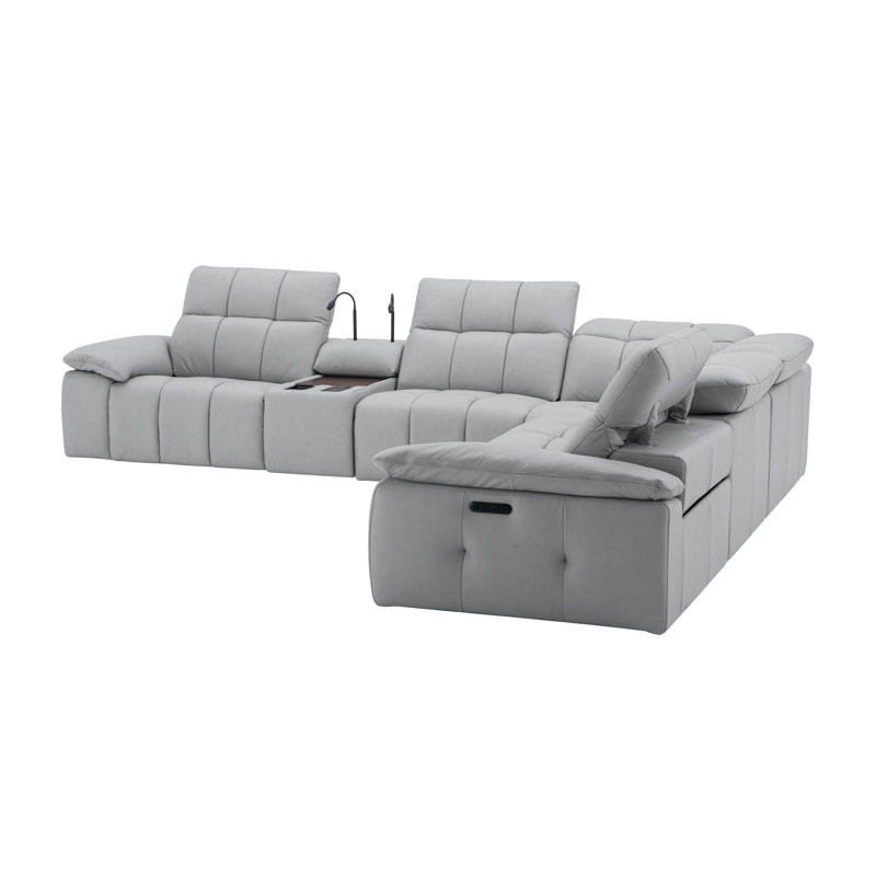Canapé modulaire Beaumont, Cuir véritable gris clair