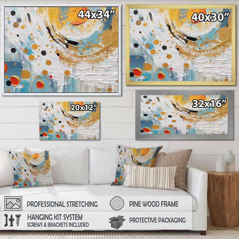 Combinaison abstraite sarcelle blanche et dorée III sur toile, Cadre flottant noir, H 16 po x l 32 po x P 1 po