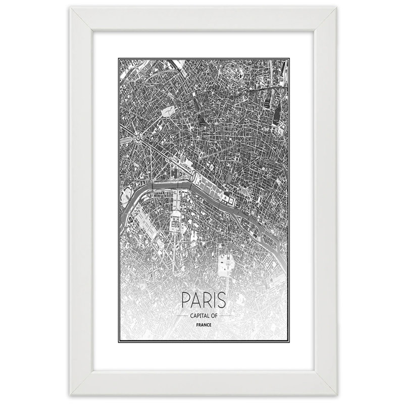 City Map Of Paris - Single Picture Frame Print, White, 90cm H x 60cm W
