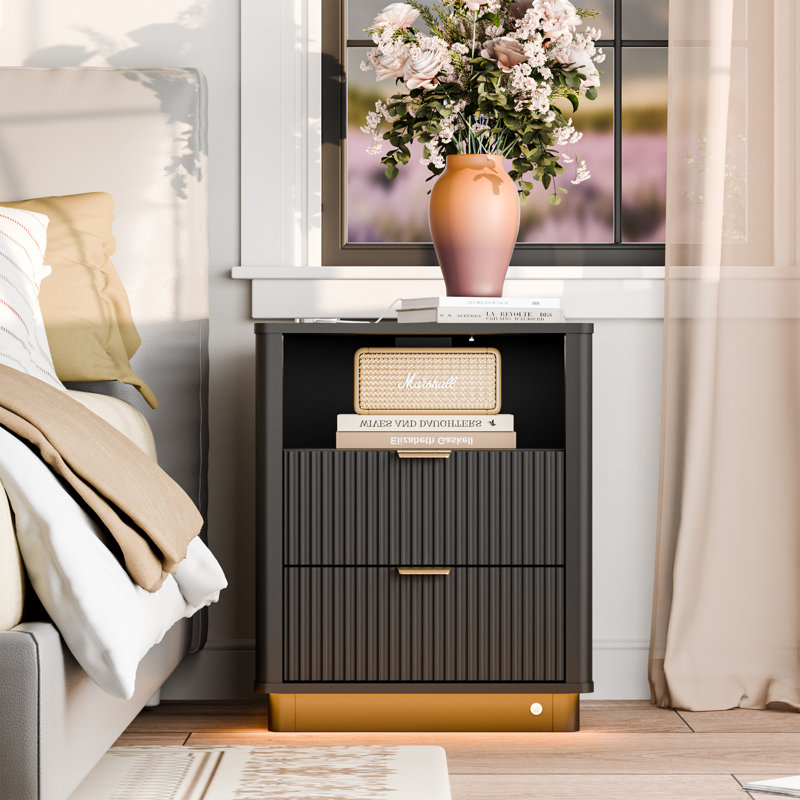  Fluted Nightstand, Curved Night Stand With Charging Station Lighting, Wood End Table With 2 Drawers, Modern Side Table Storage Cabinet For Bedroom Office(1, Black)