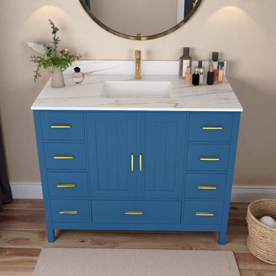 Meuble-lavabo moderne en bois massif de 42 po avec lavabo, comptoir en pierre frittée blanche de Carrare de 43 po avec 1 trou pré-percé pour robinet, 2 portes doubles à fermeture douce et 9 tiroirs spacieux avec glissières (bleu)