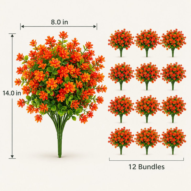 Lot de 12 chrysanthèmes artificiels d'extérieur pour jardinières, rouges et oranges