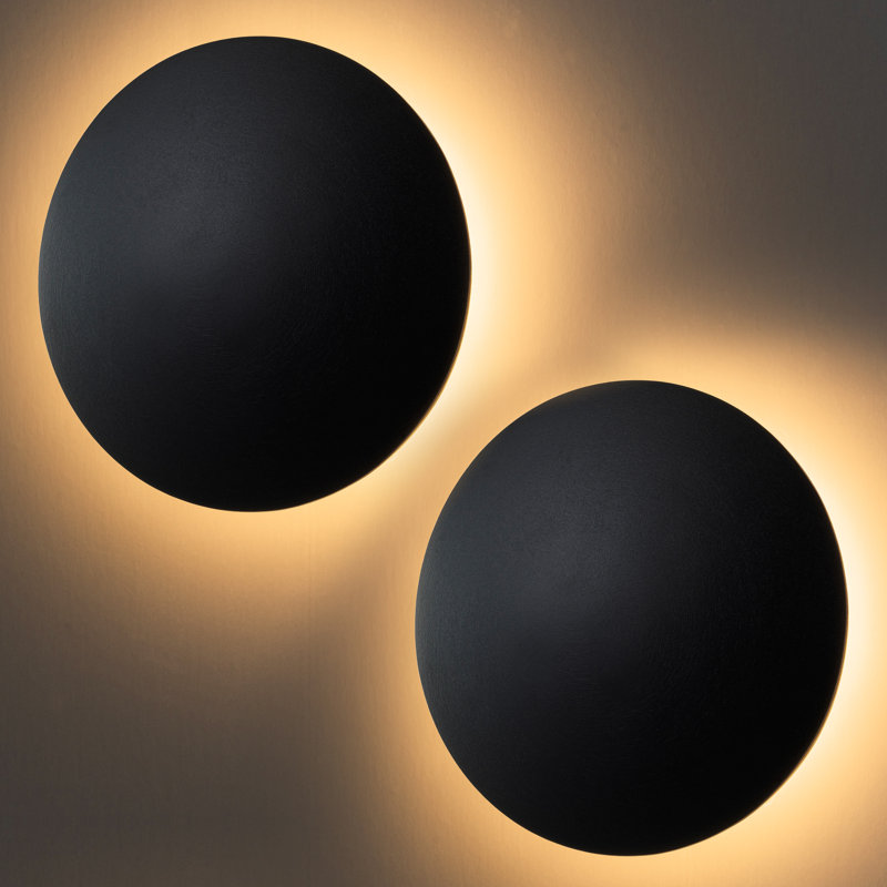 2-pack Black Aluminum Round Disc Led Indoor Outdoor Wall Lantern Sconce, 10"H x 10"W x 2"D