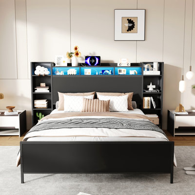 Cadre de lit grand format avec station de charge USB, tête de lit avec rangement et base de lit plateforme en métal robuste et léger, sans sommier, noir