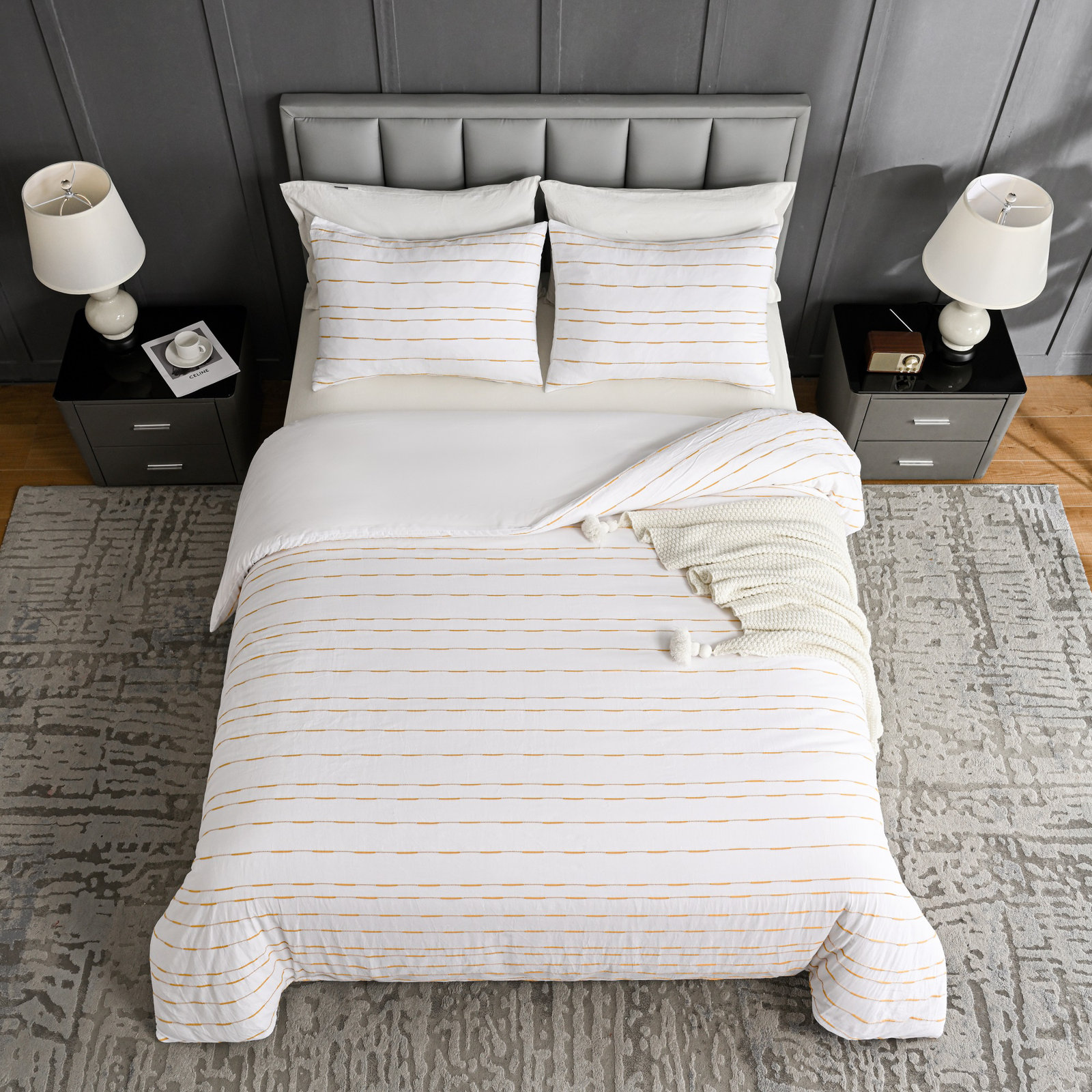 Zari Cotton Percale Duvet Cover Set, Queen Duvet Cover + 2 Standard Shams, White/Yellow