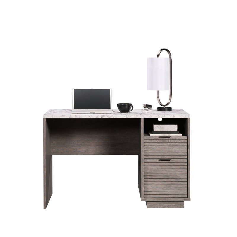 Bureau moyen gris moderne pour les espaces de travail contemporains, rangement à deux tiroirs, tablette ouverte, gestion des câbles et assemblage simple pour les petits espaces de travail dans les bureaux, bois d'ingénierie