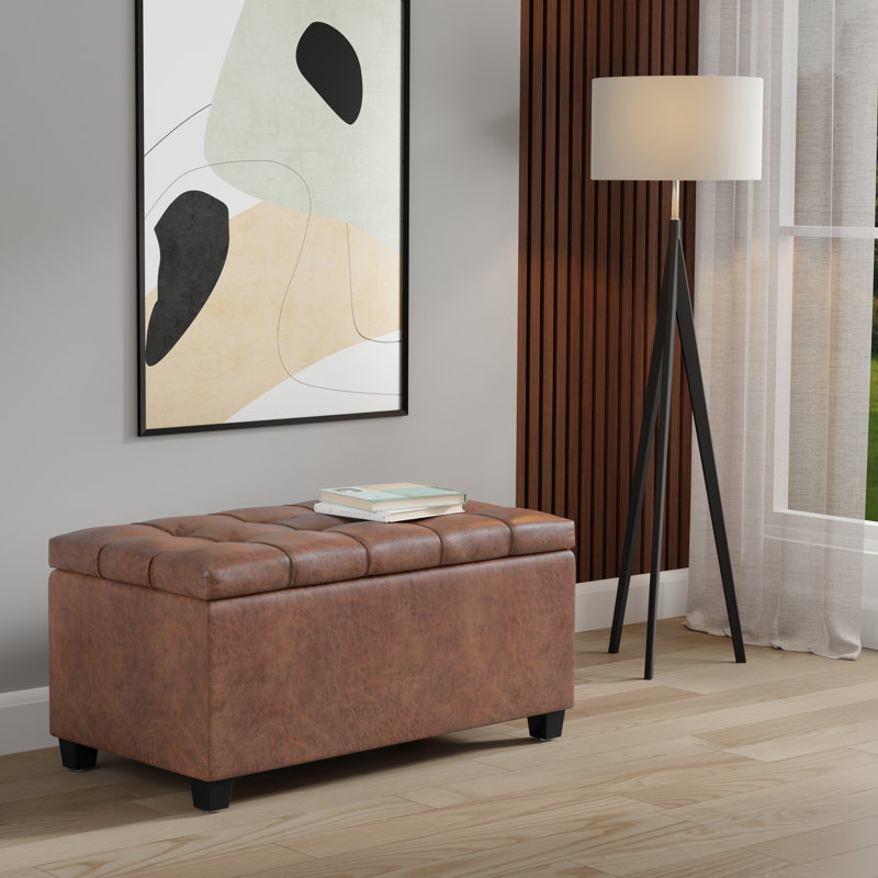 Banc repose-pieds rectangulaire avec rangement capitonné en cuir végétalien 33 po Sienna, Cuir brun