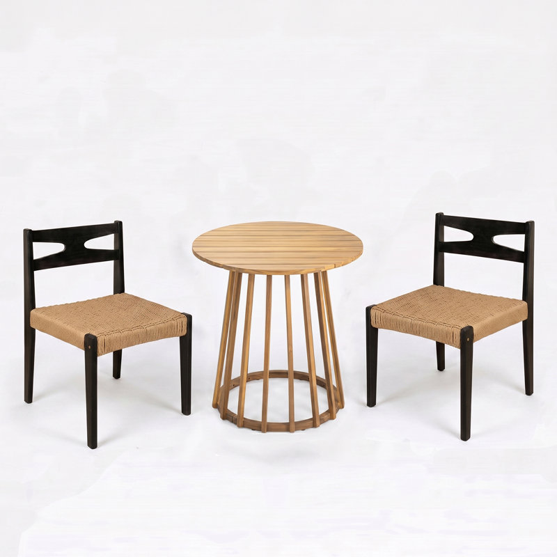 Ensemble de salle à manger bistro moderne en bois d'acacia avec chaises en osier tressé et table ronde à lattes pour 2 personnes Ziven