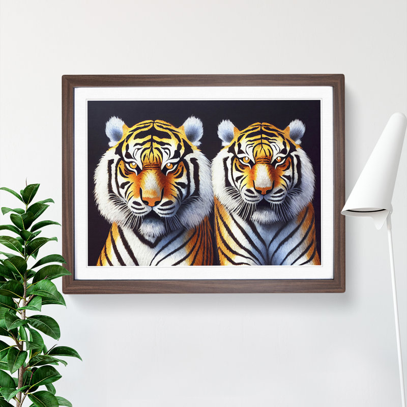 Symmetrical Tigers - Single Picture Frame Print, 25cm H x 34cm W, Walnut