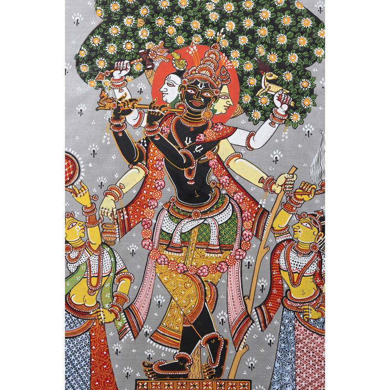 Cosmic Krishna as Brahma Vishnu Mahesh Pattachitra Painting on Cloth by Purna Chandra, 40" H x 22" W Odisha Folk Art Wall Decor