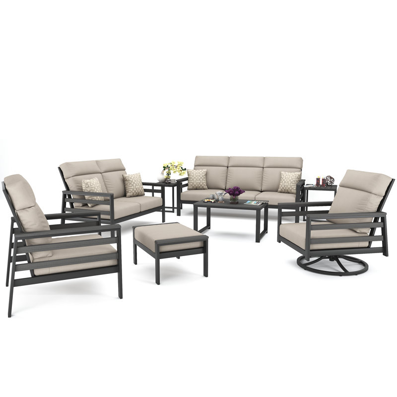 Ortez 7 Person Seating Group With Sunbrella Cushions, Dark Gray/White, Cast Silver