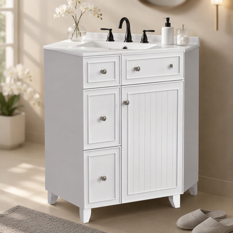 Armoire de meuble-lavabo 24 po avec lavabo en céramique, 2 tiroirs, 1 porte, Blanc