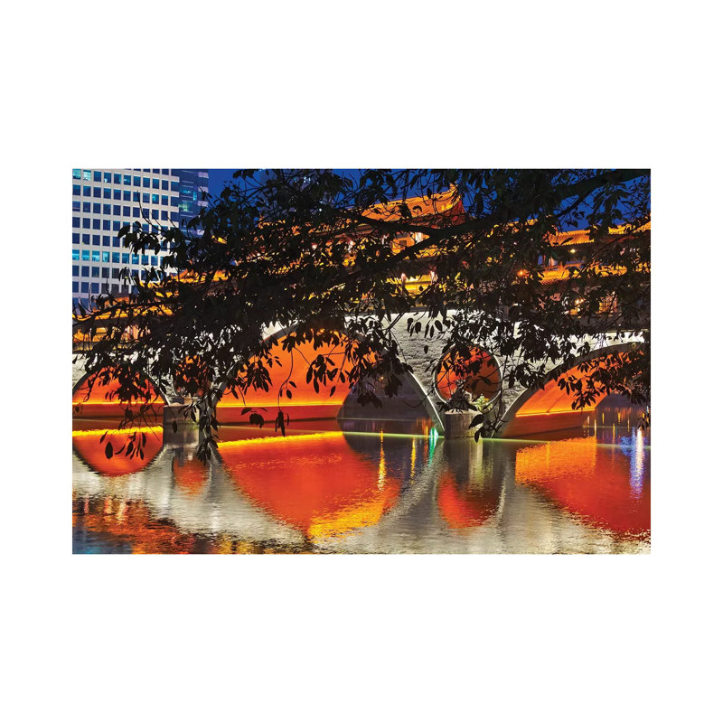 Night view of Anshun Bridge with reflection in Jin River, Chengdu, Sichuan Province, China 1 Piece Wrapped Canvas Wall Art