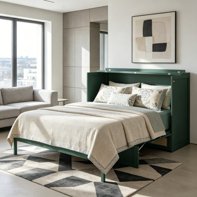 Armoire lit escamotable Murphy avec tiroirs et décor en rotin