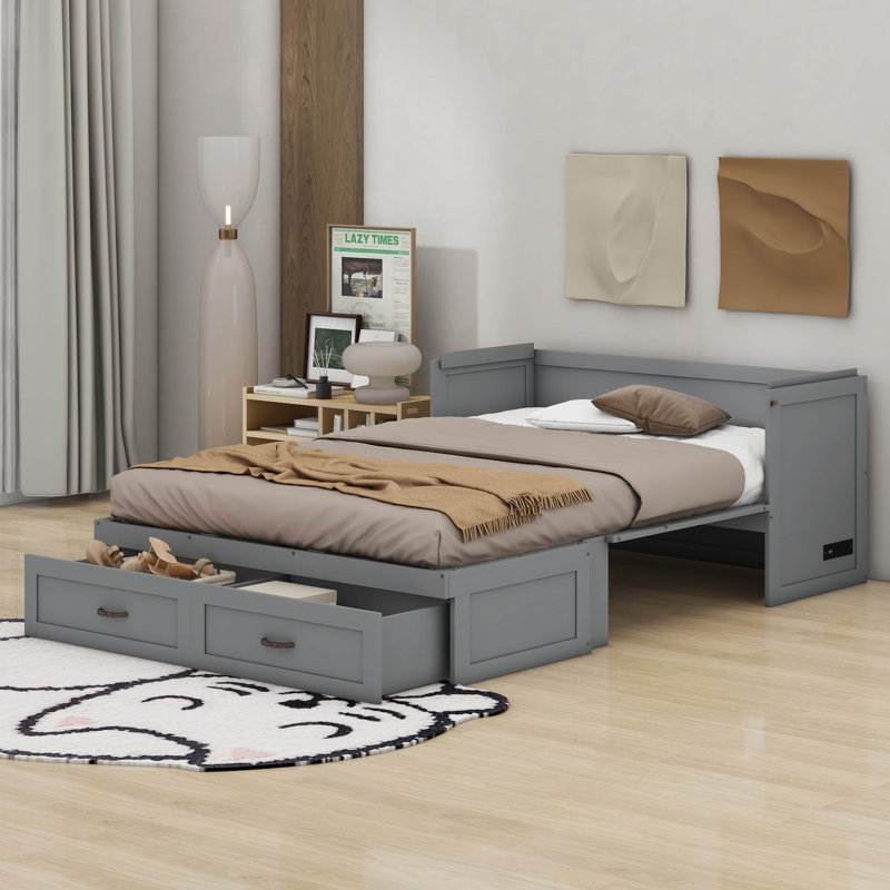 Lit escamotable avec ports USB, tiroirs et poignées en métal, Grand lit, Gris