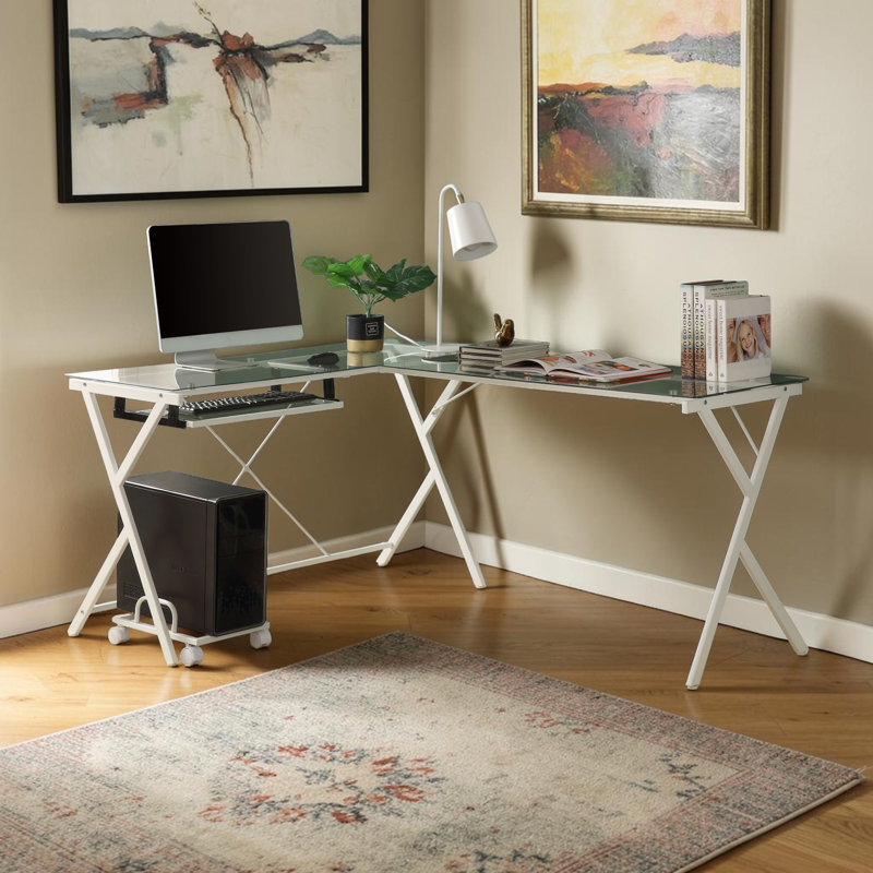 Bureau d'ordinateur en verre transparent Avelyn, Blanc
