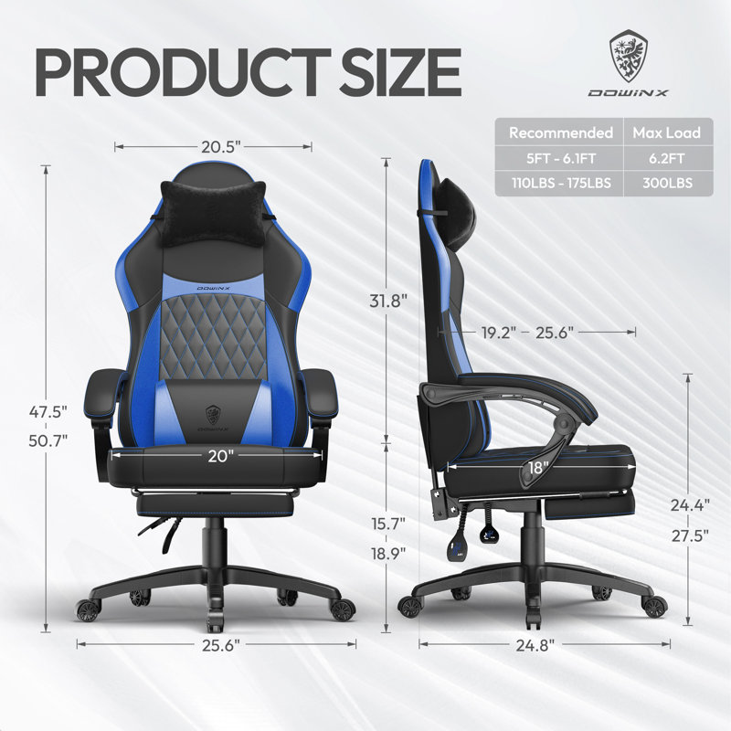 Ergonomic Gaming Chair With Pocket Spring Cushion & Massage Lumbar Support - High Back Office Computer Chair With Footrest For Adults, 300LBS Capacity, Leather Design