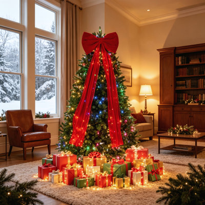 6FT Pre-Lit Aspen Artificial Christmas Tree, RGBW Multi-Color LED Lights with App Control, Decorated with Large Bow for Indoor Holiday Decoration