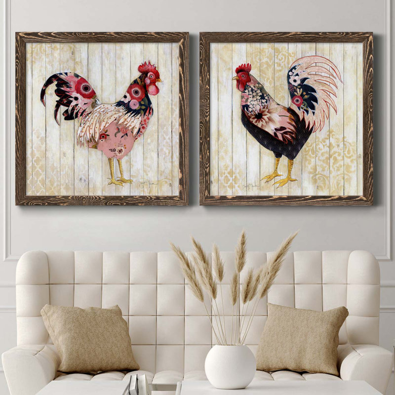 Pecking l'ordre I - ensemble de 2 peintures sur toile encadrées, Cadre noyer, H 27,5 po x l 55 po x P 1,5 po