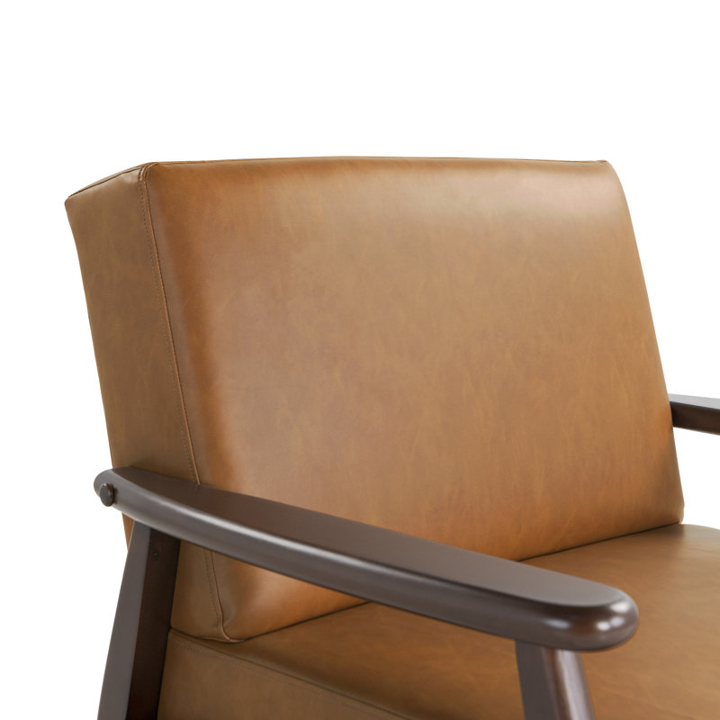 Augustus 36.6" Modern Solid Wood Accent Chair Upholstered in Faux Leather, Carmel Faux Leather