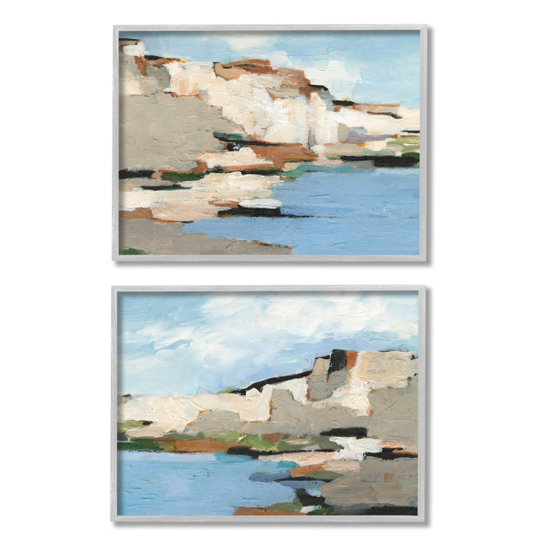 «Seaside Cliff Modern Landscape», ensemble de 2 giclées encadrées par Ethan Harper, H 11 po x l 14 po x P 1,5 po, gris