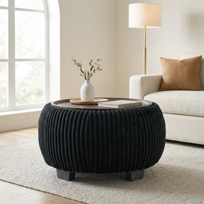 30" Round Storage Ottoman  With Removable Wooden Tray Top