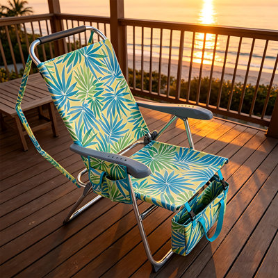 16.5" Seat Height 7-Position Adjustable Aluminum Beach Chair For Adults, Folding Portable Camping Chair With Headrest, Cup Holder, Side & Bottom Storage, 265 LBS Weight Capacity, Hawaii Palm Print Oxford Fabric For Beach, Patio & Pool