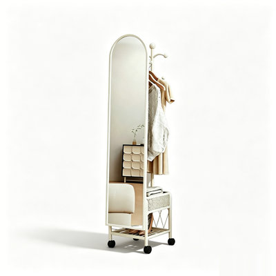 Minimalist Cream Iron Freestanding Full Length Mirror with Multi-Tier Storage Shelves