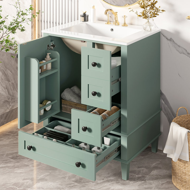 Meuble-lavabo de 24 pouces: conception compacte, lavabo en céramique, tiroir et tablette à fermeture en douceur pour un rangement optimal