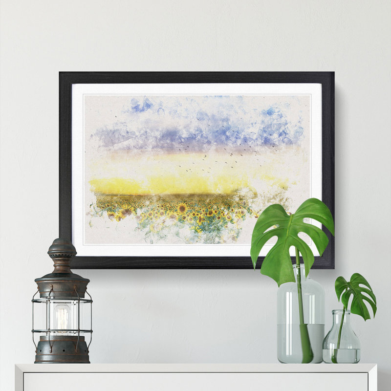 Flock of Birds Above Sunflowers - Picture Frame Painting Print, 36cm H x 48cm W x 2cm D, Black Framed