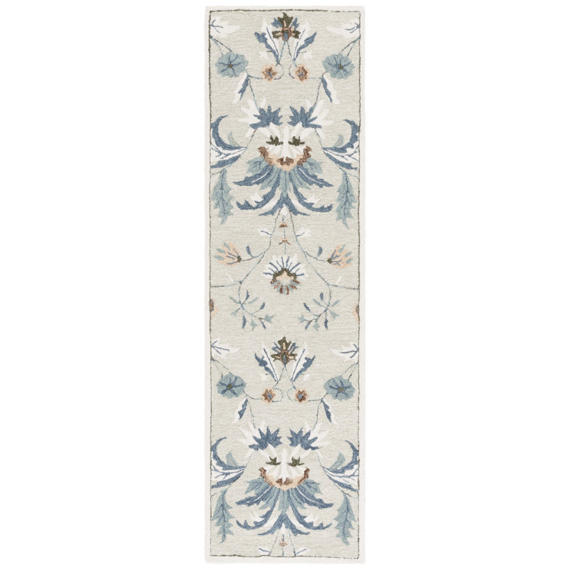 Oech Hand Tufted Wool/Cotton Performance Floral Rug in Sage/Blue, Runner 2'6" x 8'