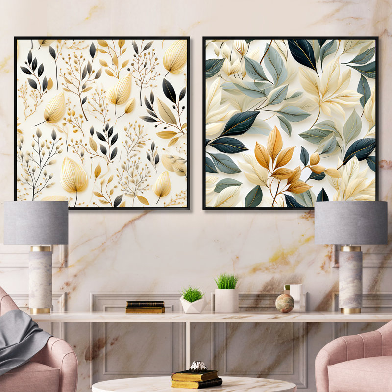 Tickhill - Ensemble de 2 collages carrés floraux et botaniques, Cadre flottant noir, H 16 po x l 33 po