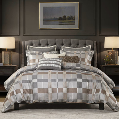 Édredon pour grand lit de 8 pièces en taupe, géométrique multicolore, damier classique, literie de luxe, bourré pour une chaleur toute l'année confortable