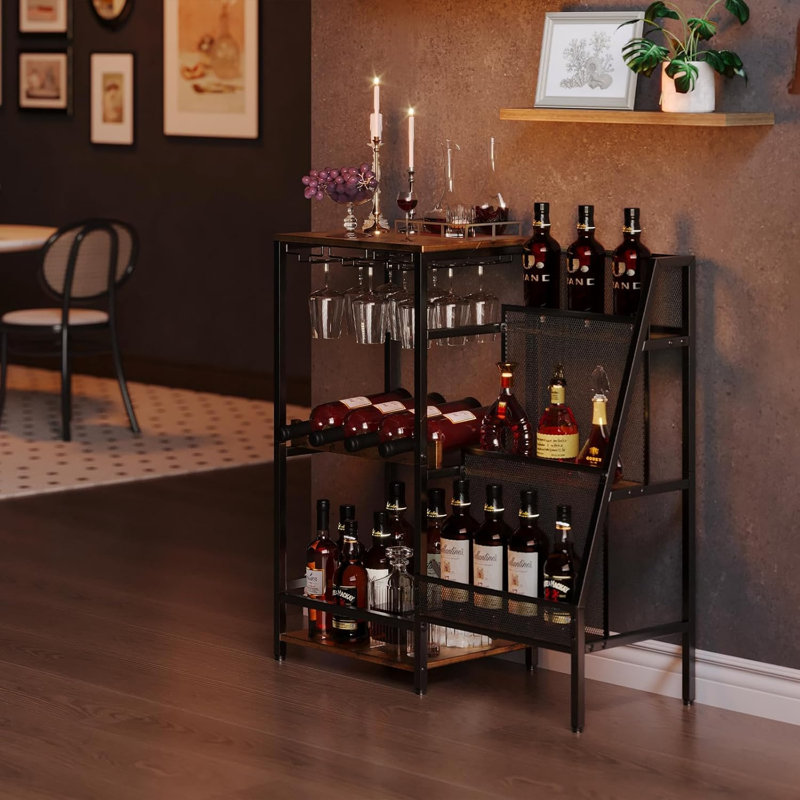 Porte-bouteilles et porte-bouteilles de vin - étagère de présentation trapézoïdale à 3 niveaux avec support en verre, table de bar autoportante pour le whisky, le vin et les bouteilles