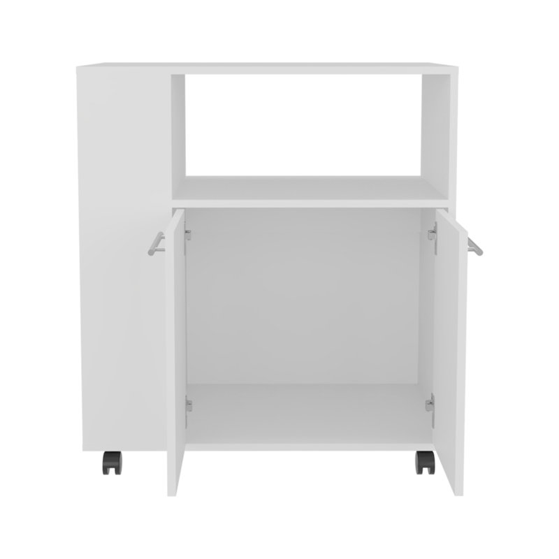 Chariot de cuisine, 2 portes, 3 tablettes, 4 roulettes, Blanc