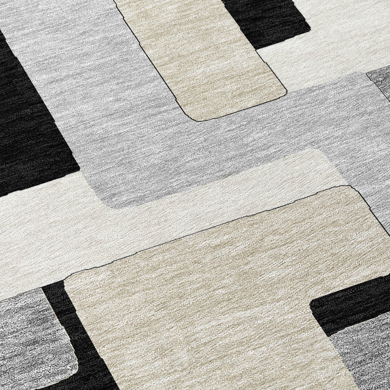 Black Geometric Washable Synthetic Rectangular Rug 2'6" x 3'10"