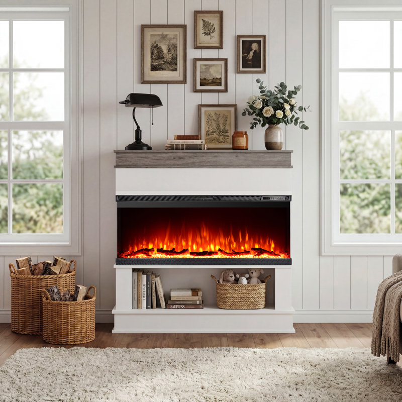 50" White 3-Side Electric Fireplace with Mantel and Storage, Extra-Wide Firebox, 12 Color Flame, Flame-Only Mode, 1500W