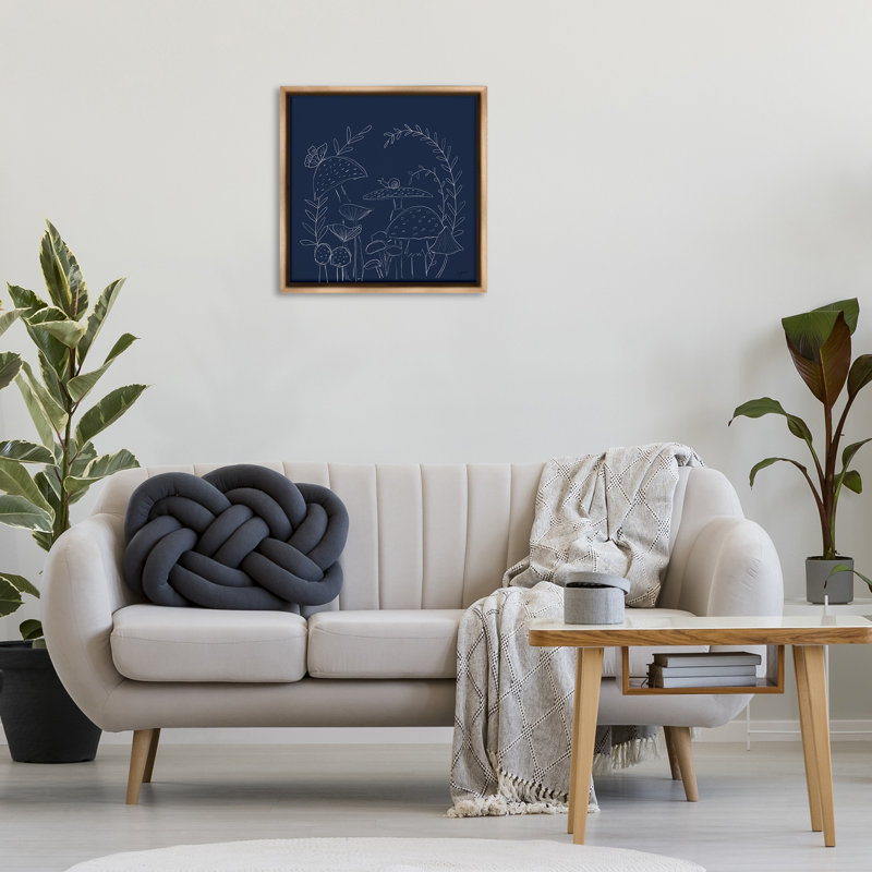 "Champignons sur toile bleue encadrée" par Lucille Price, H 25 po x l 25 po, Cadre flottant orme Montalcino