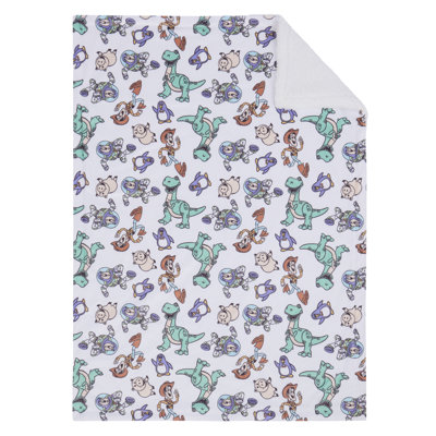 NoJo Disney Toy Story Play All Day Sherpa Baby Blanket - Woody, Buzz, Rex, Wheezy, and Hamm, Teal, Blue, and White