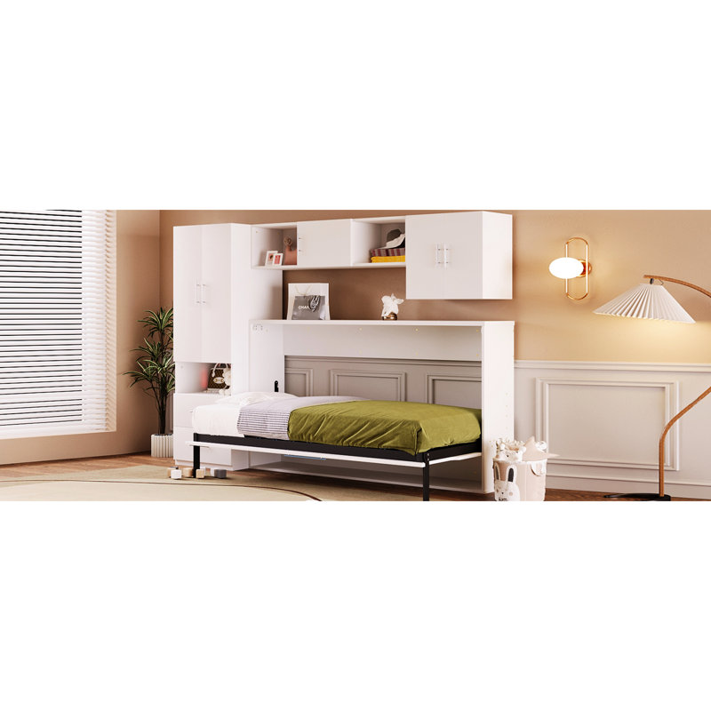 Lit simple avec table intégrée, tablettes ouvertes et tiroirs de rangement, blanc - idéal pour optimiser l'espace, compartiments supplémentaires, garde-robe
