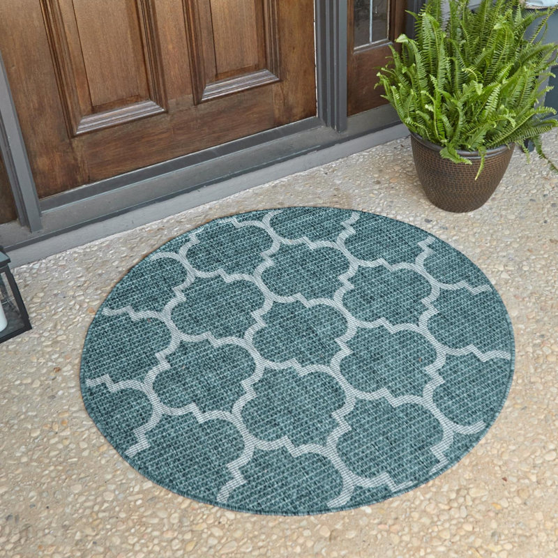 Annetrude Geometric Teal Indoor / Outdoor Area Rug, Round 12'
