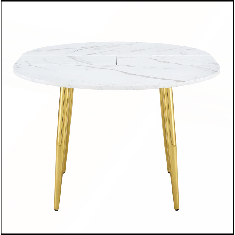 Table de salle à manger extensible avec plateau en panneau de fibres à densité moyenne à motif blanc et pieds en métal doré pour les maisons modernes peu encombrantes