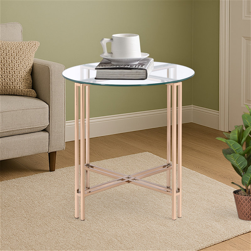 Elegant Royale Round End Table – Champagne Finish Frame with Clear Glass Top for Living Room or Bedroom