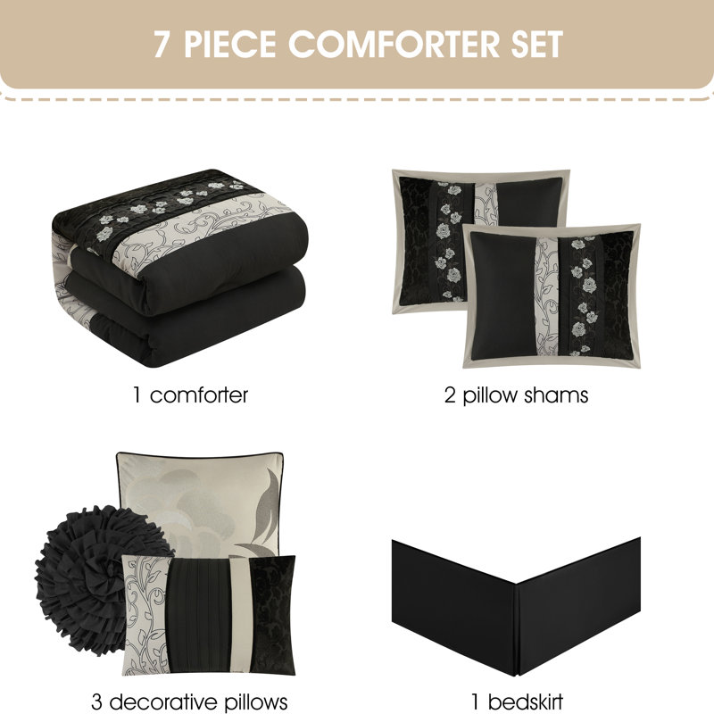Ensemble d'édredon style glam 7 pièces Riley, Très grand, Noir