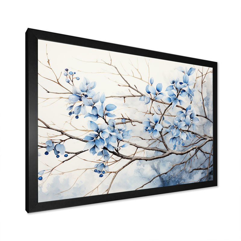 Art sur toile, feuilles bleues et grises, Cadre simple noir, H 12 po x l 20 po x P 1 po